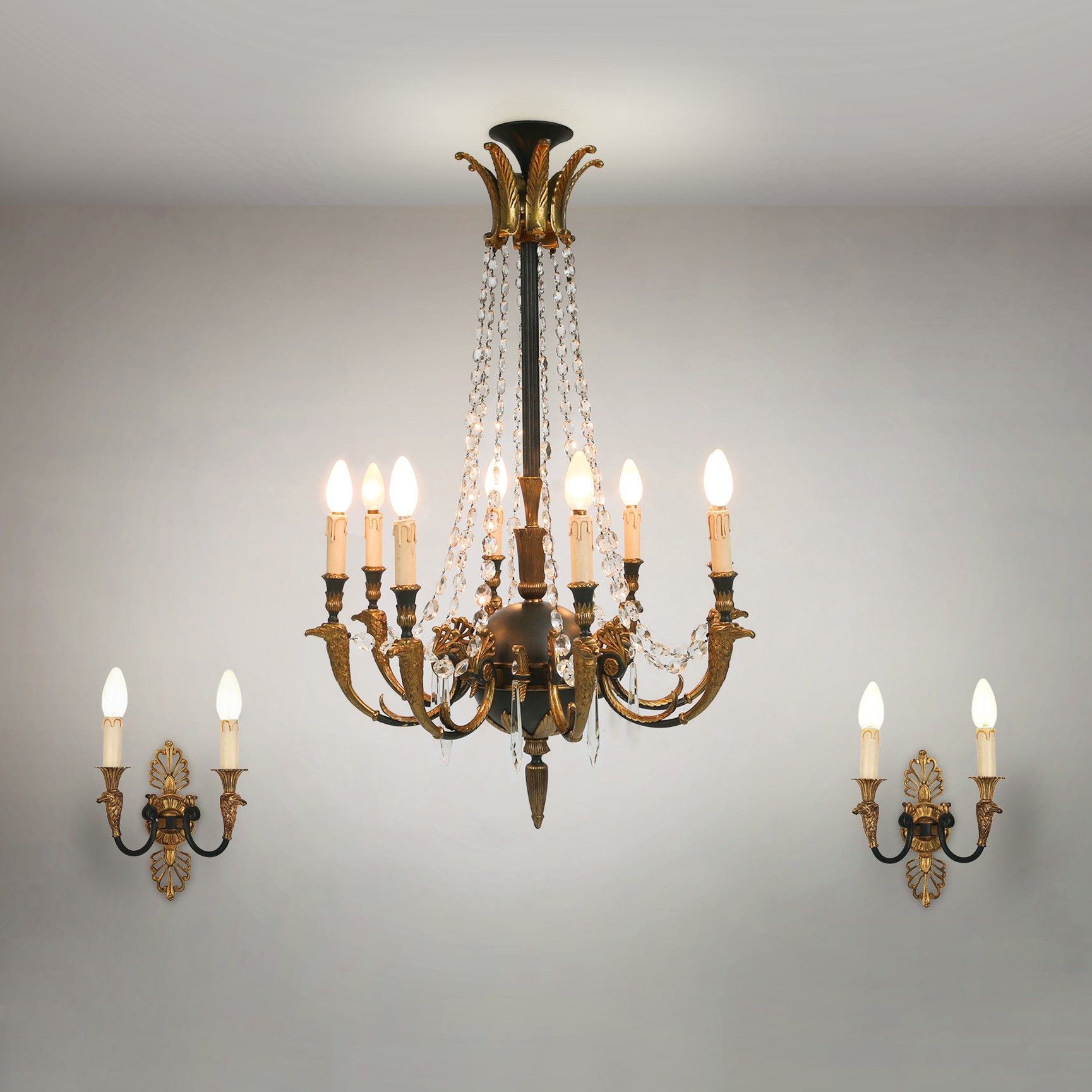 Impressive set of a large bronze Empire Chandelier with 2 wall lights, Belgium ca. 1950-img